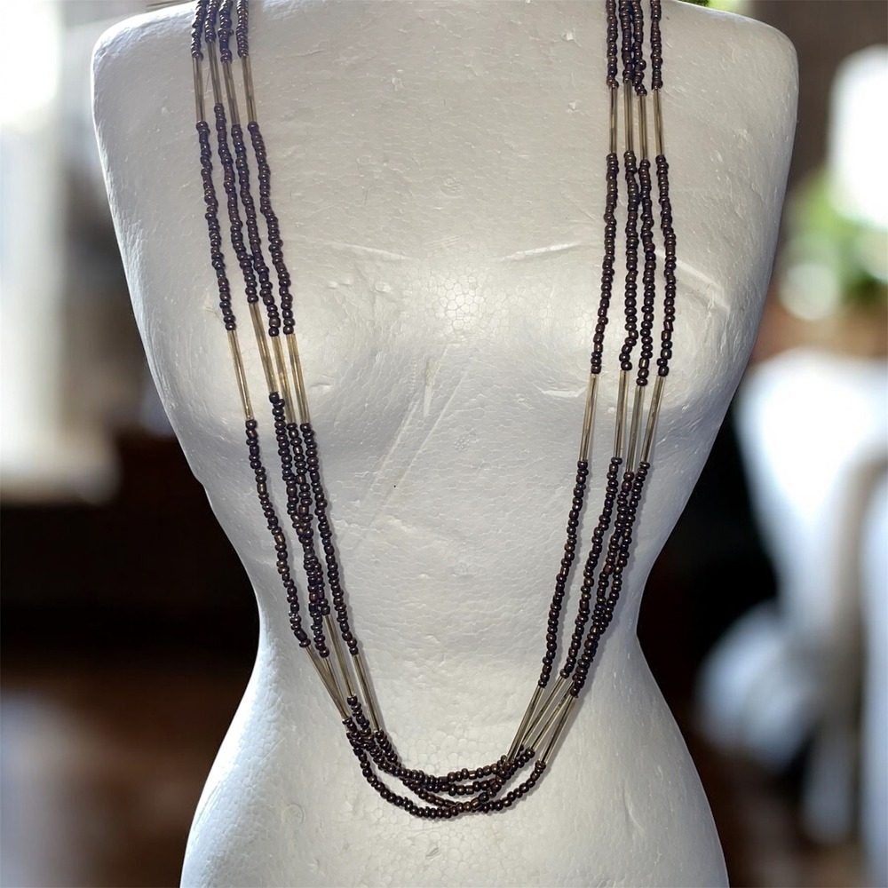 Handmade vintage‎ Long bronze Beaded 4 strand Necklace Tube Accents